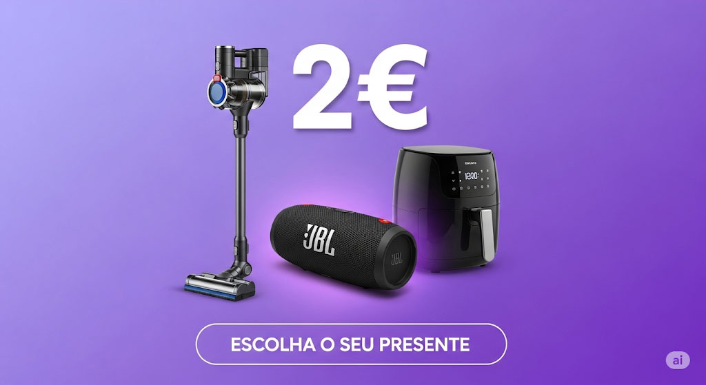 Oferta Multi Gift da Deco Proteste Presente por 2 euros, com os presentes à escolha: um aspirador vertical, uma coluna JBL e uma airfryer.