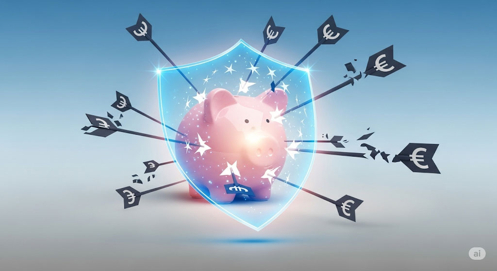 Imagem conceptual de um porquinho-mealheiro a ser protegido por um escudo contra setas com o símbolo do Euro, a simbolizar a proteção das poupanças contra comissões bancárias abusivas.