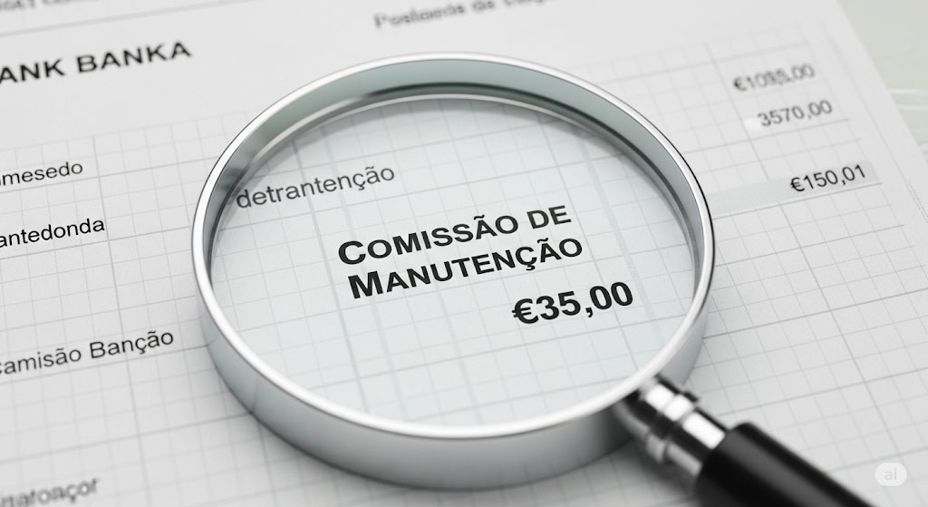 Pessoa a usar uma lupa para analisar as comissões bancárias abusivas num extrato de conta em Portugal.