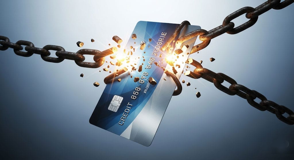 Imagem conceptual de um cartão de crédito a quebrar correntes, a simbolizar a libertação de juros e anuidades abusivas.