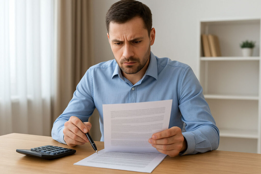 Pessoa a analisar um contrato para renegociar o spread do seu crédito habitação com o banco.