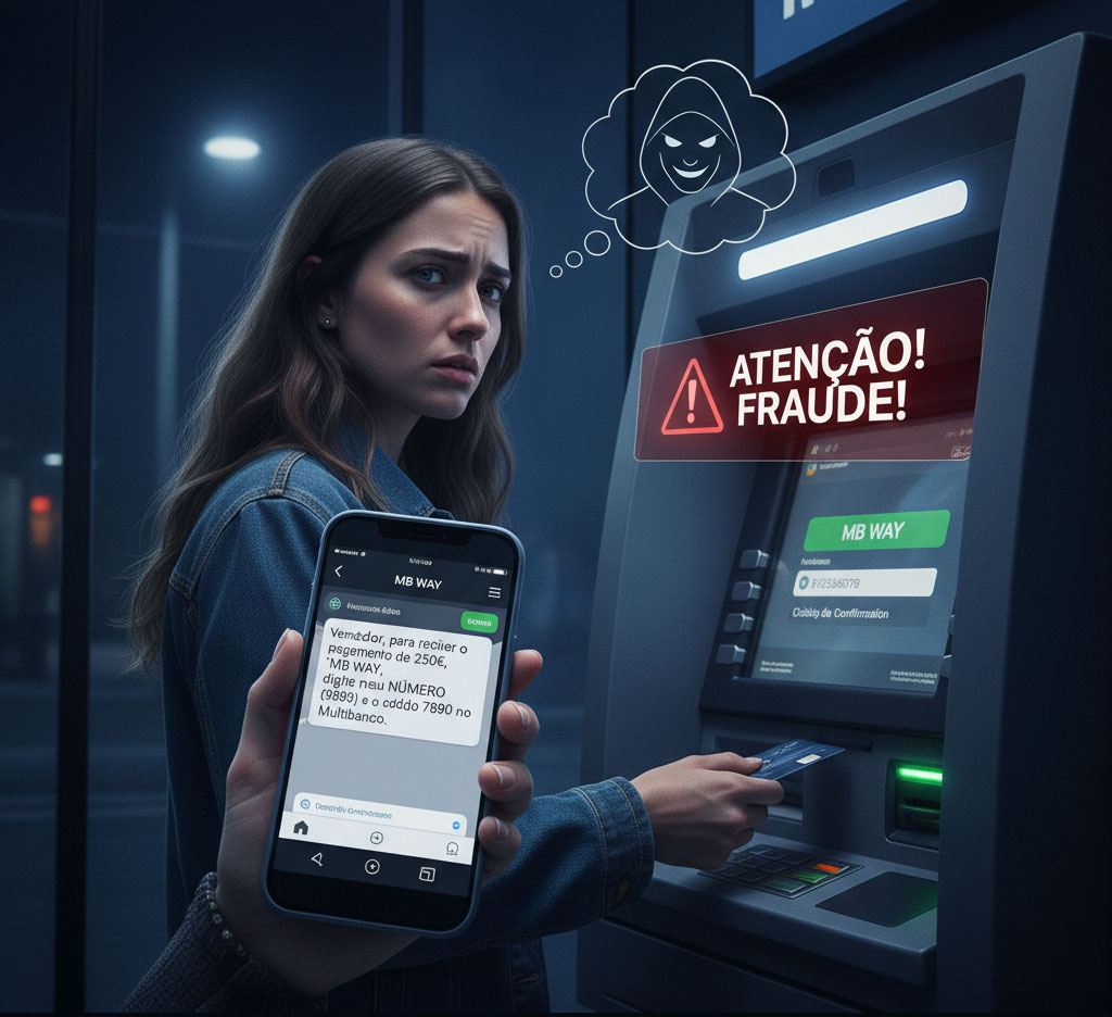 Imagem de um escudo a proteger um smartphone com o logo do MB Way, simbolizando a proteção contra burlas e fraudes em Portugal.

