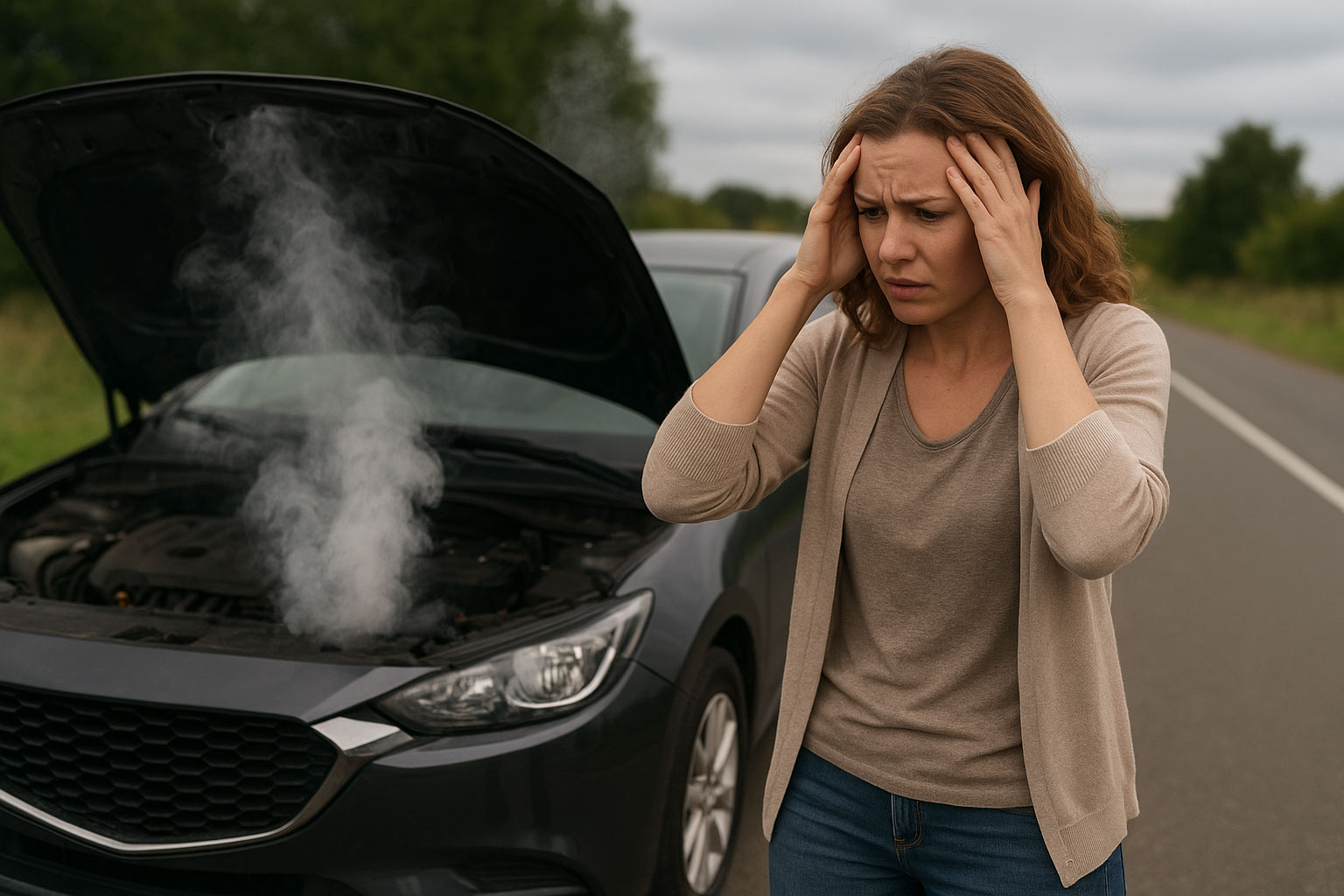 Condutor frustrado com uma avaria no carro, a pensar nos seus direitos do consumidor na reparação automóvel.