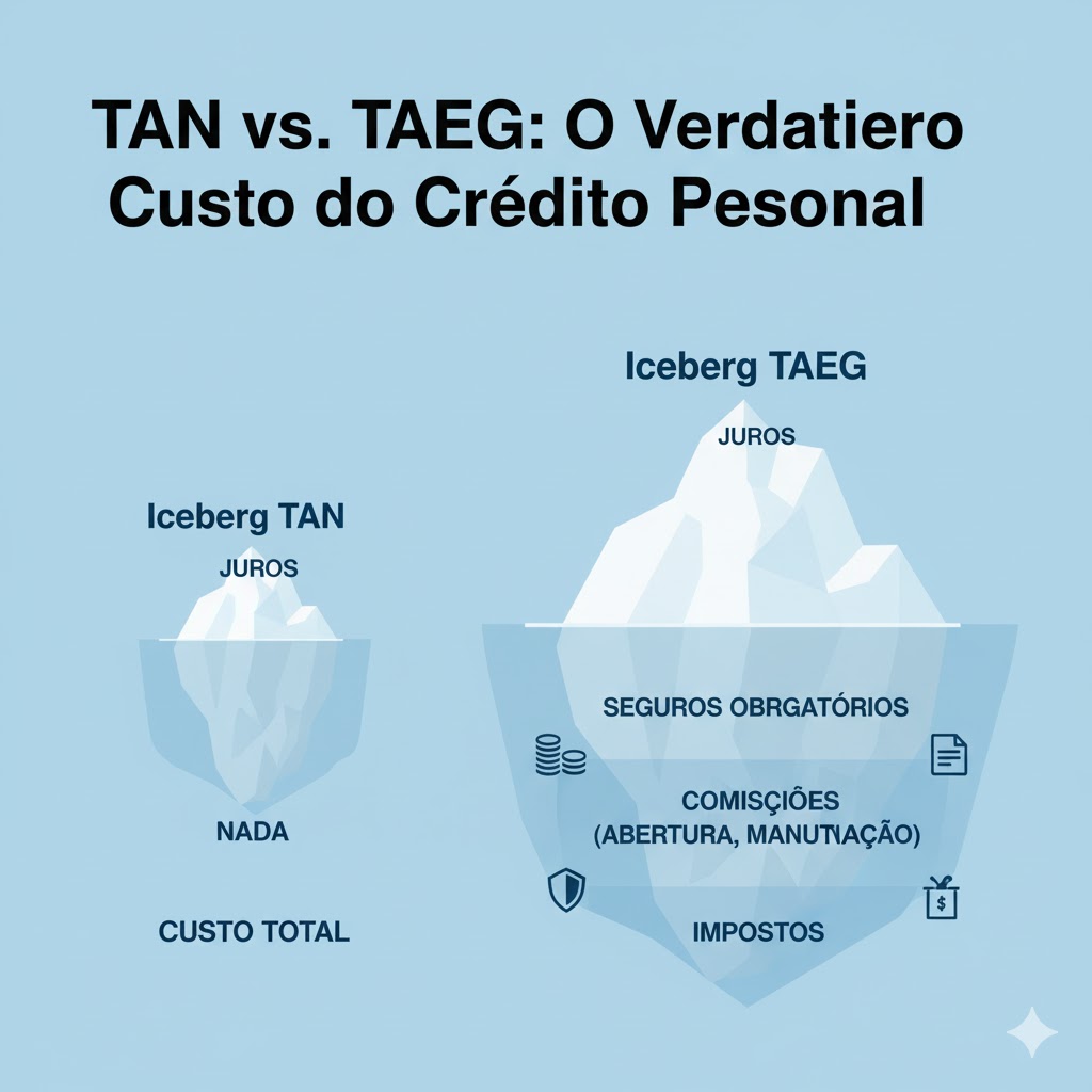Gráfico a comparar a TAN (taxa nominal) com a TAEG (taxa real com todos os custos) de um crédito pessoal.