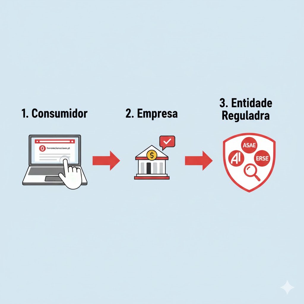 Gráfico a explicar o processo de uma queixa no Livro de Reclamações Online, desde o consumidor até à entidade reguladora.