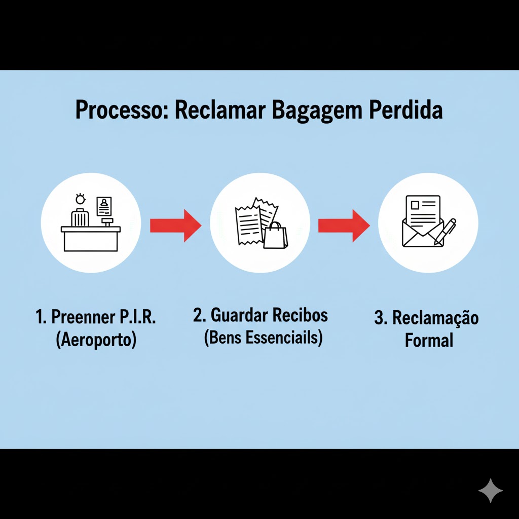 Gráfico com os 3 passos do processo para reclamar uma bagagem perdida, começando com o P.I.R. no aeroporto.