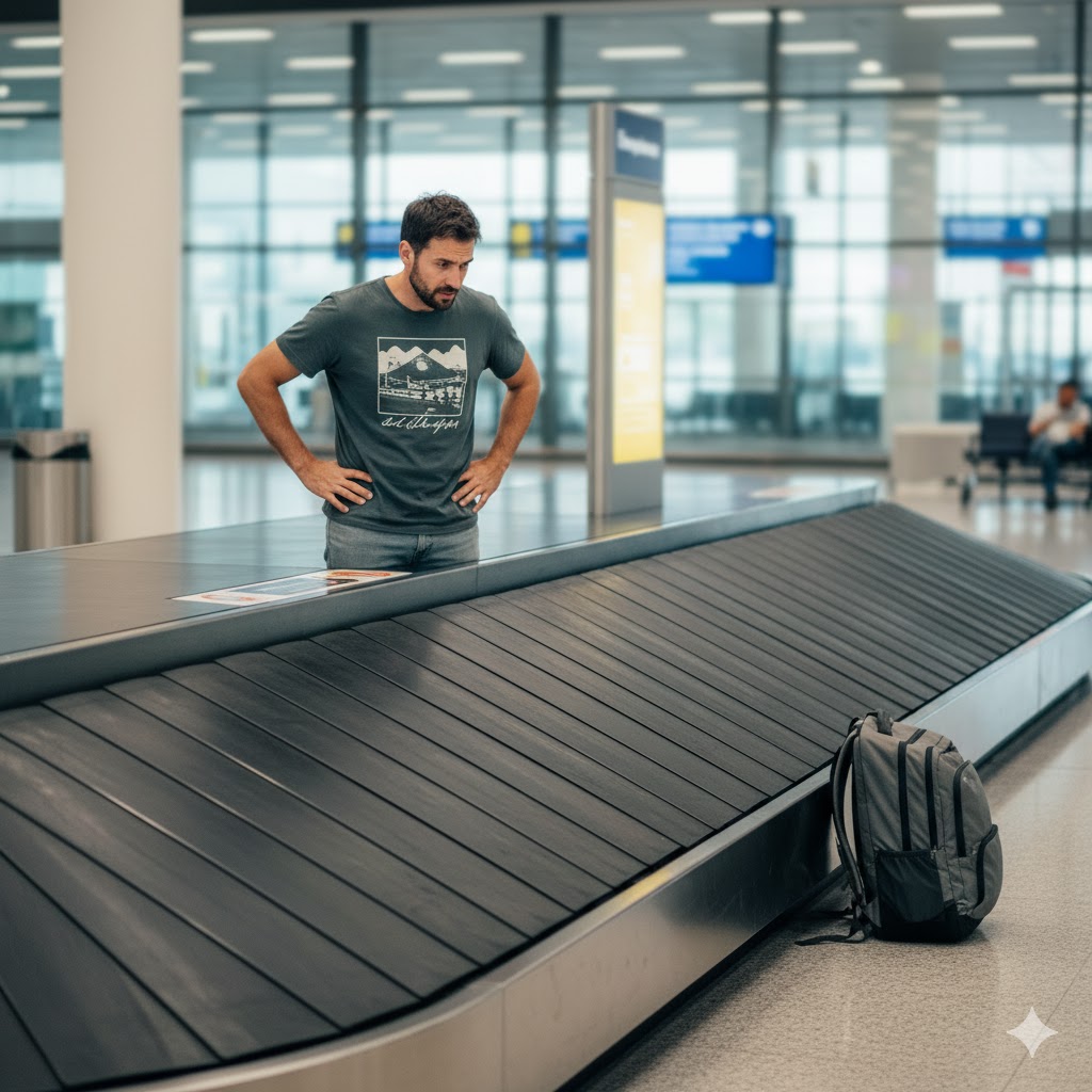 Viajante frustrado num aeroporto, à espera da sua bagagem perdida em frente a uma passadeira vazia.