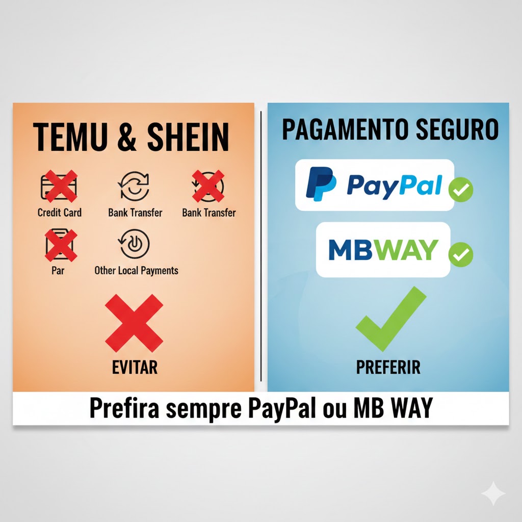 Comparação de métodos de pagamento seguros na Temu e Shein: prefira sempre PayPal ou MB Way