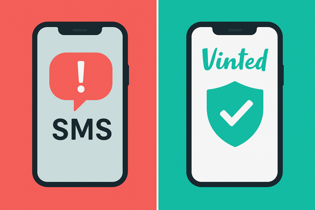 Comparação de segurança na Vinted: evitar mensagens externas e usar sempre a app oficial.
