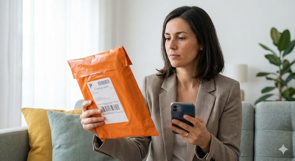 Mulher a analisar uma encomenda da Temu ou Shein que acabou de chegar a casa.
