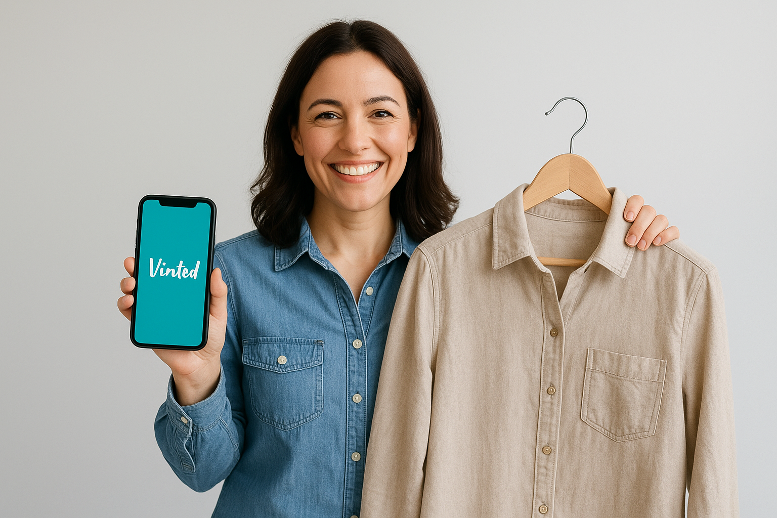 Mulher a usar a aplicação Vinted no telemóvel para vender roupa usada com segurança.