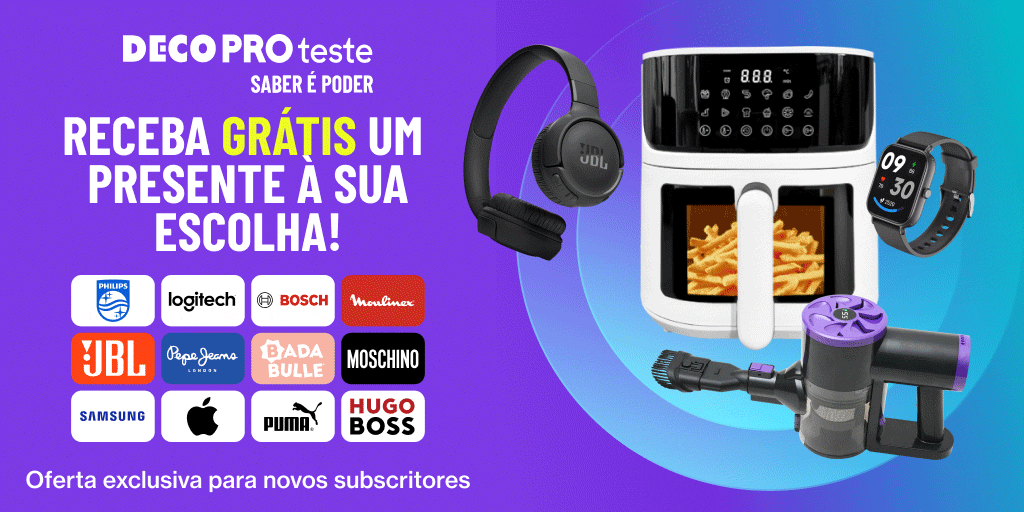 Oferta Multi Gift da Deco Proteste Presente por 2 euros, com os presentes à escolha: um aspirador vertical, uma coluna JBL e uma airfryer.